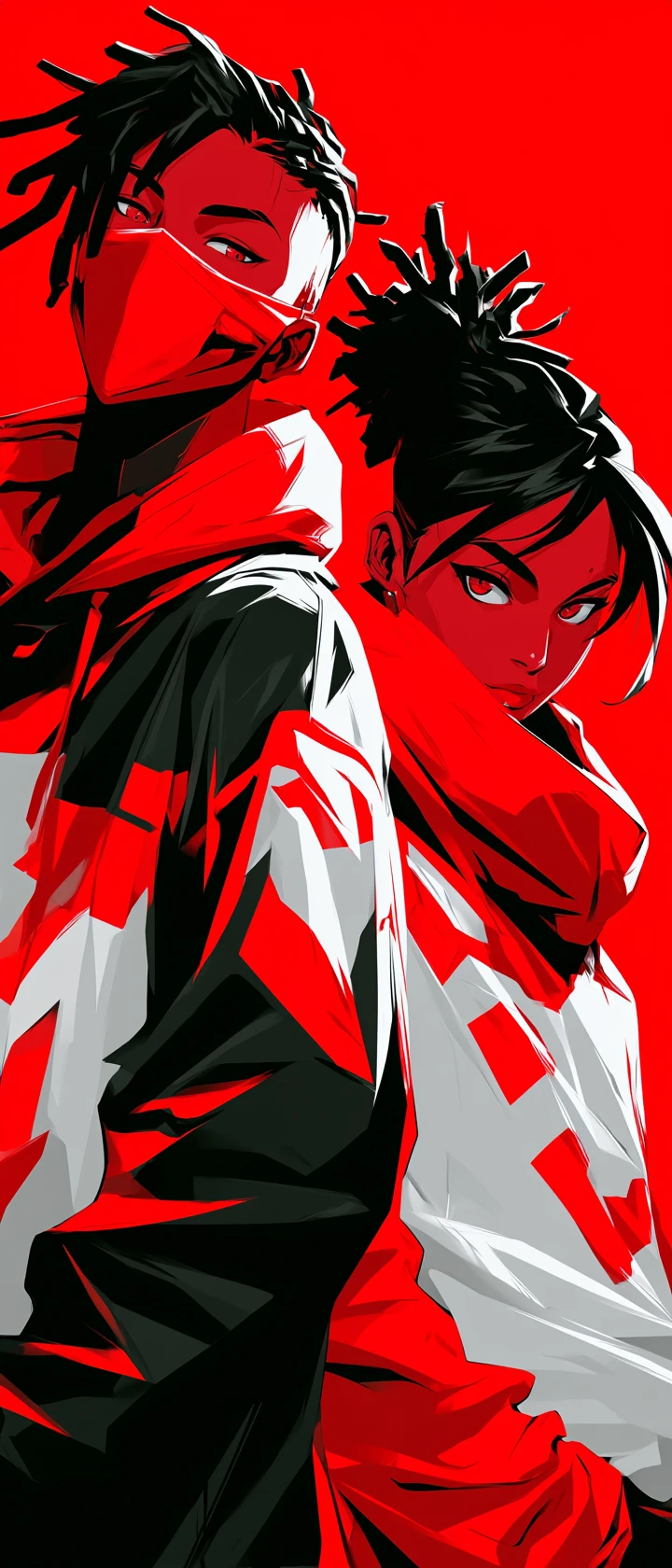 Retrato vetorial de casal de anime em streetwear vermelho monocromático