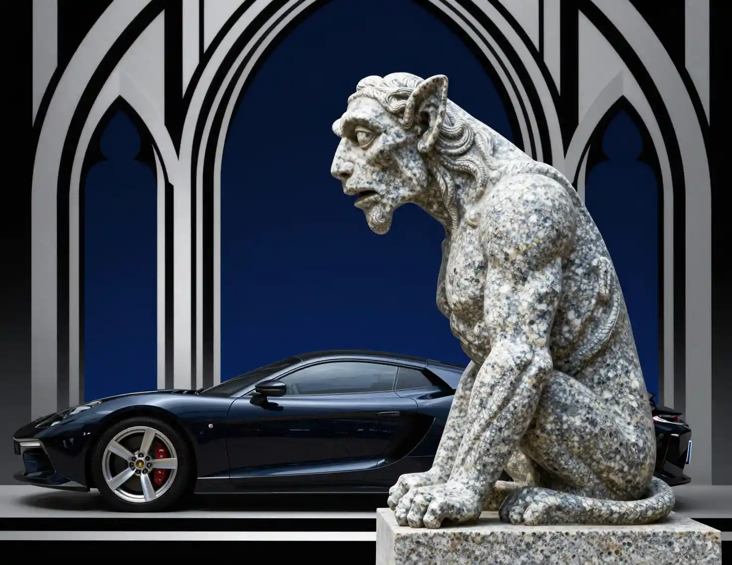Granite gargoyle mascot beside a dark gothic sports car