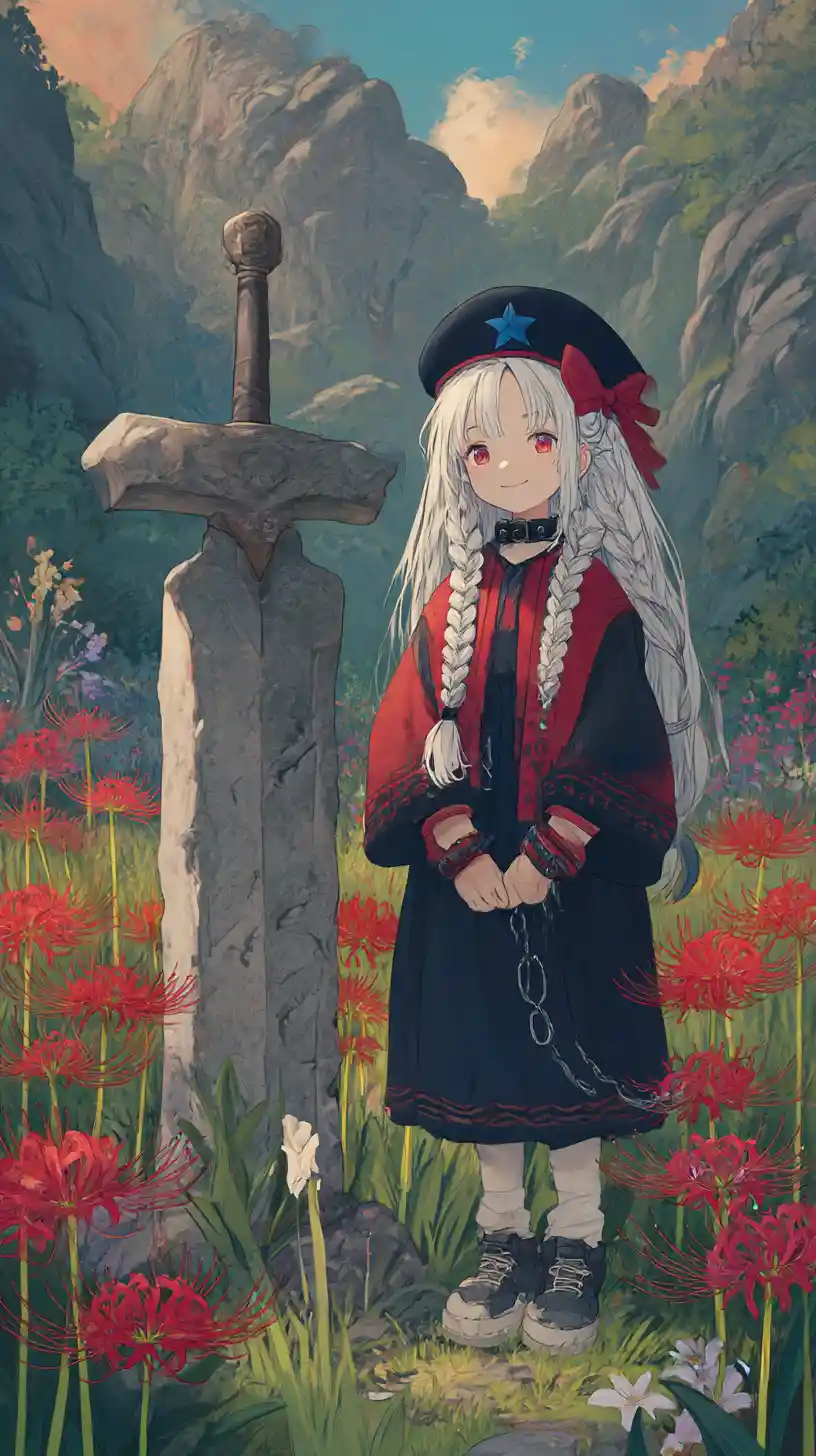 Ancient stone sword in a wild flower meadow at night