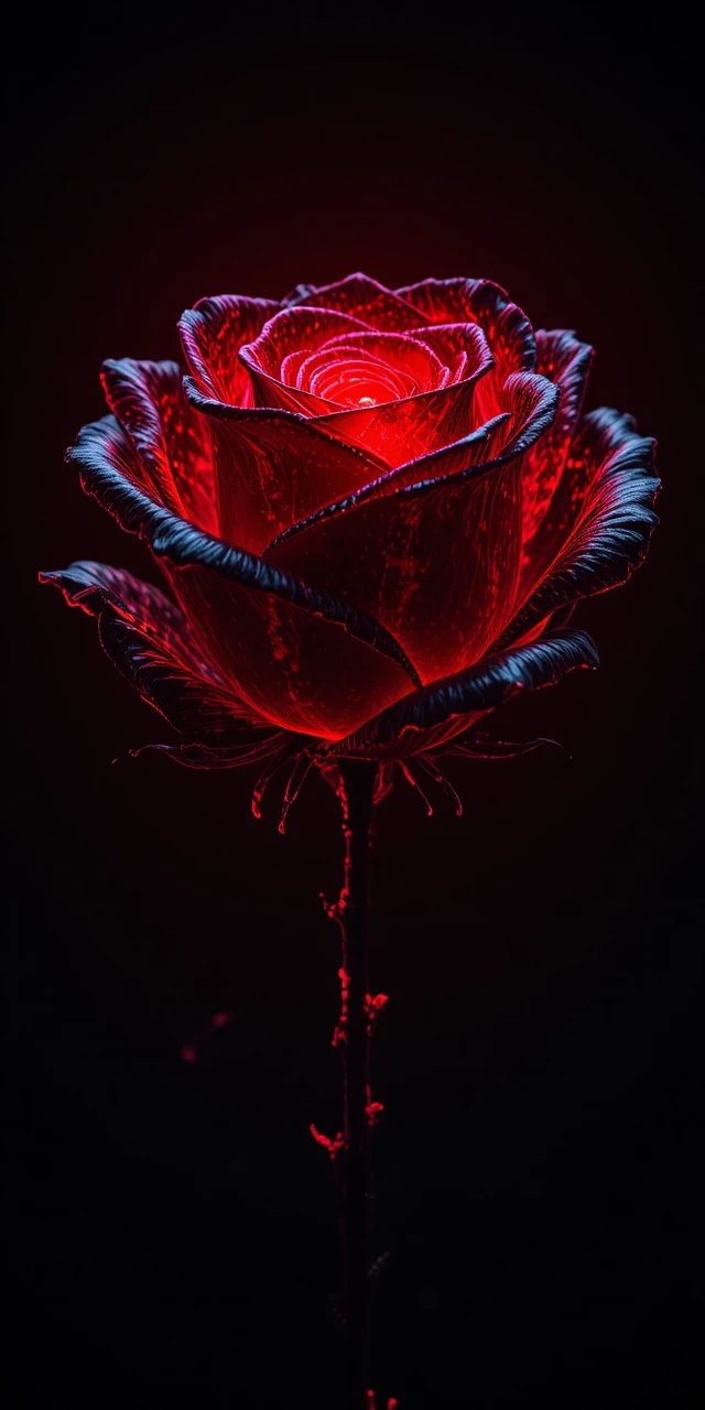 Leuchtende schwarze Rose mit transparenten, glasähnlichen Blütenblättern