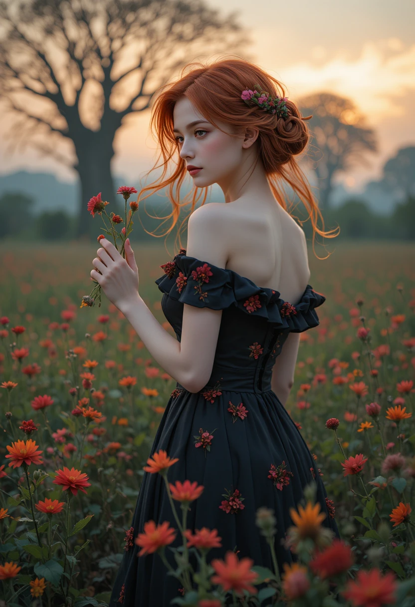 Rothaarige Anime-Frau in einer Blumenwiese bei Sonnenuntergang