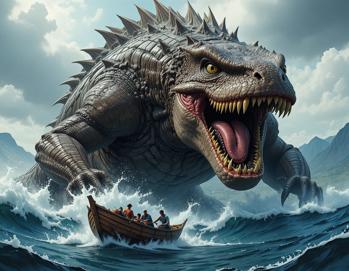 Colossal sea monster rising from stormy ocean waves