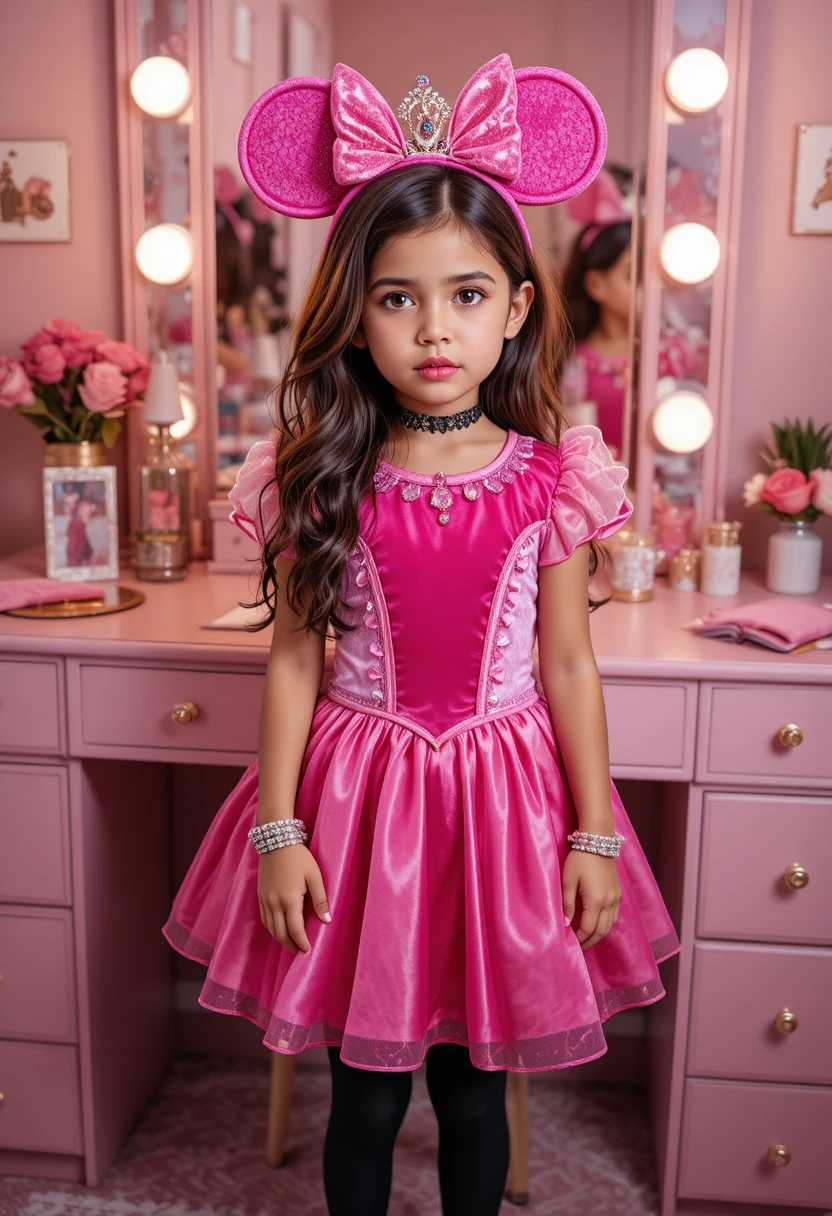 Menino pré-adolescente de princesa posando na penteadeira do quarto