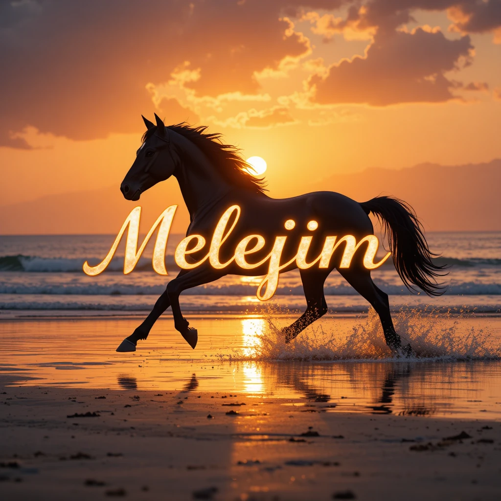 Cavalo preto correndo em uma praia turca ao pôr do sol brilhante