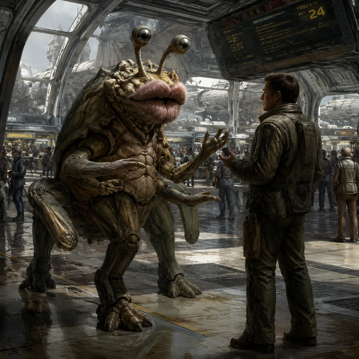Créature extraterrestre discutant avec un humain dans une station spatiale animée