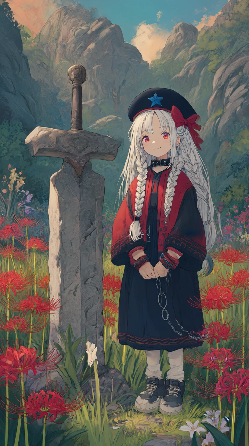 Ancient stone sword in a wild flower meadow at night