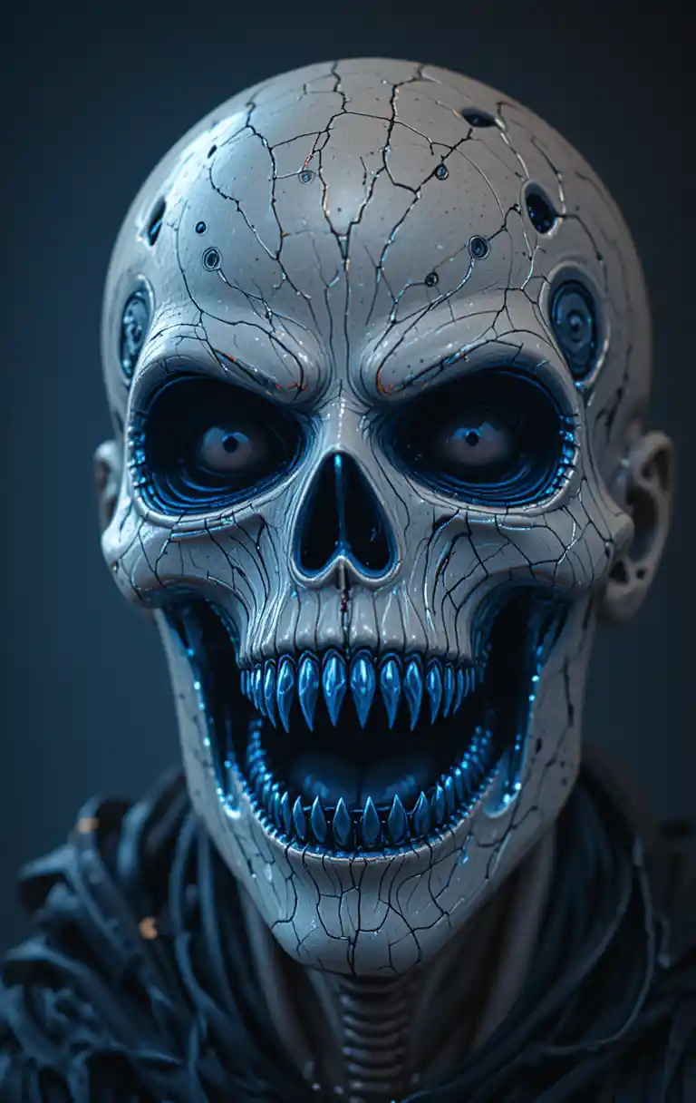 Menacing metallic skull with dark eyes and sharp teeth