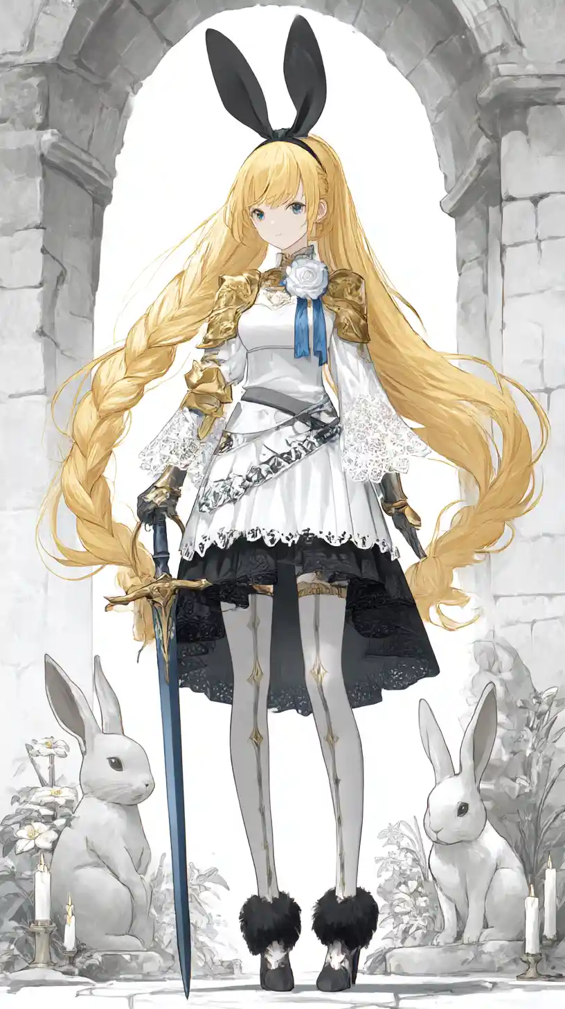 Guerriera anime dai capelli dorati con treccia e spada