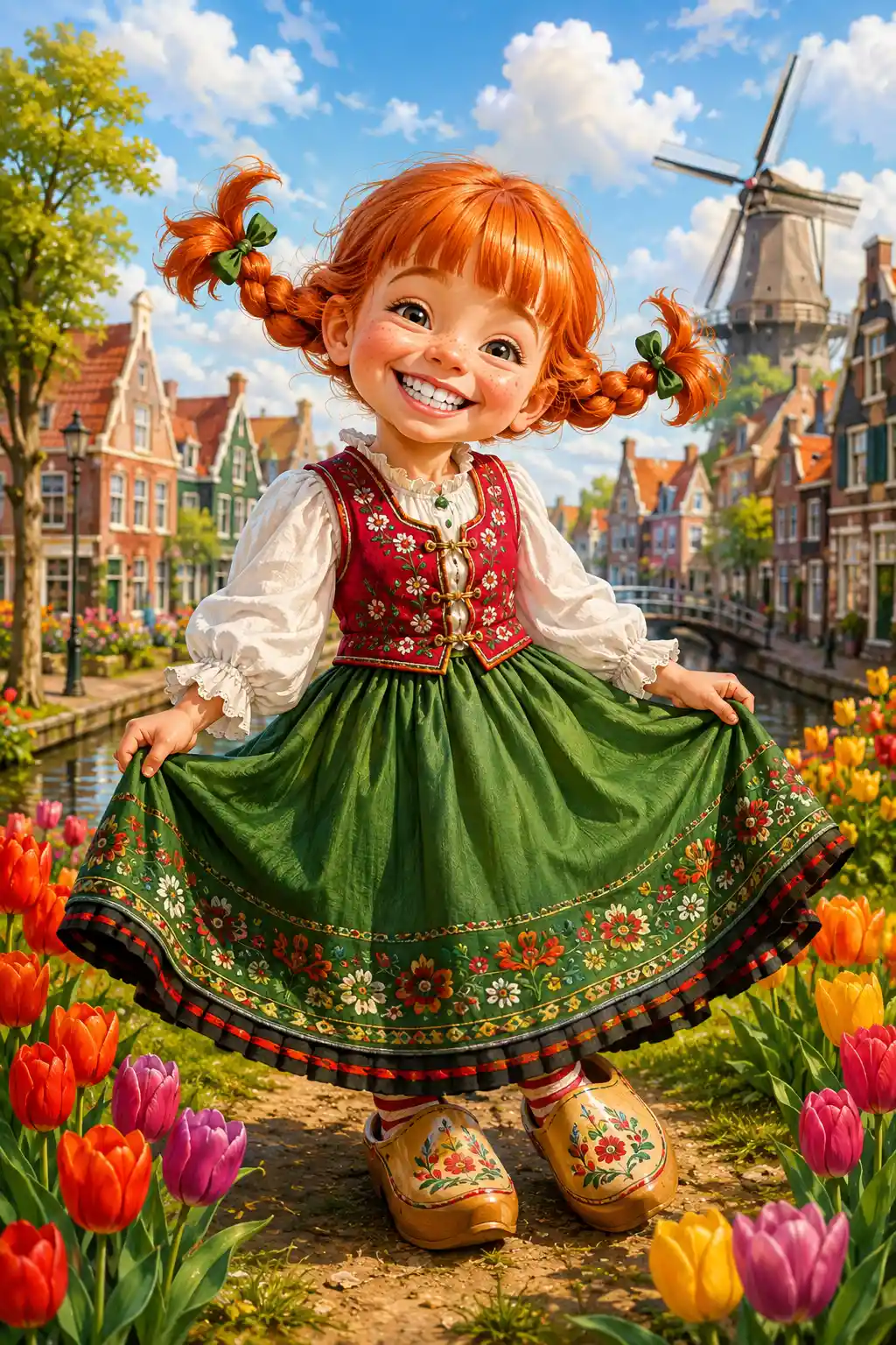 Smiling Dutch Girl In Traditional Dress Holding Her Skirt