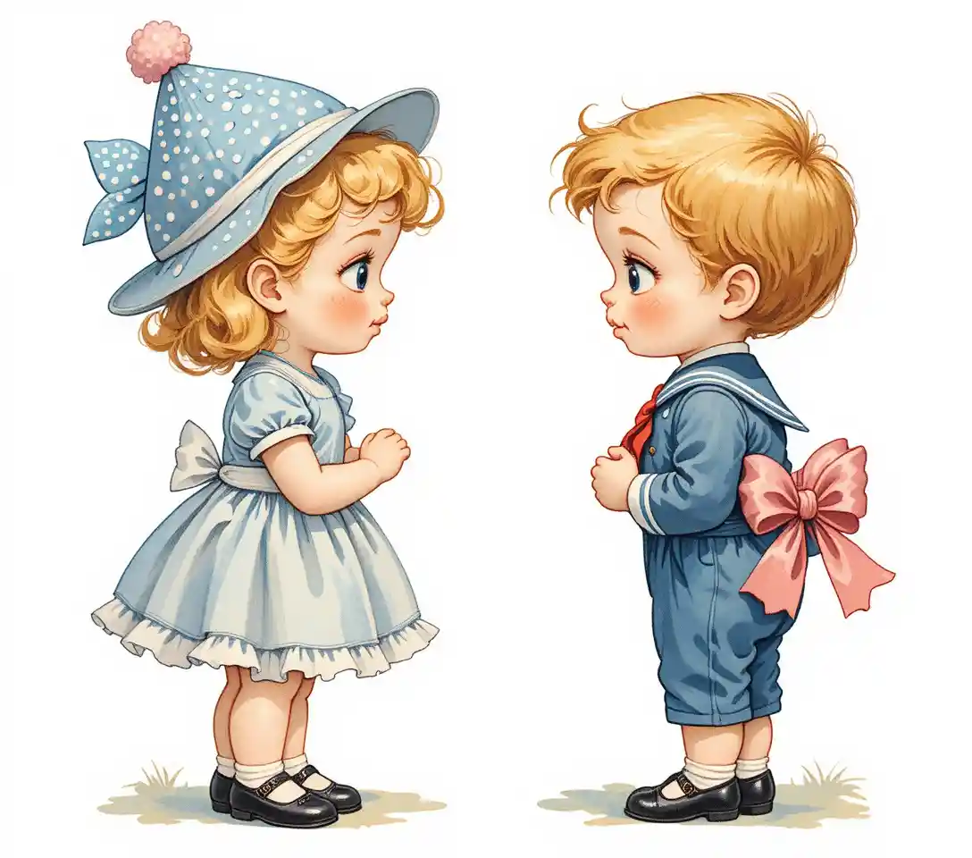 Dulce ilustración vintage de niños tímidos con regalo