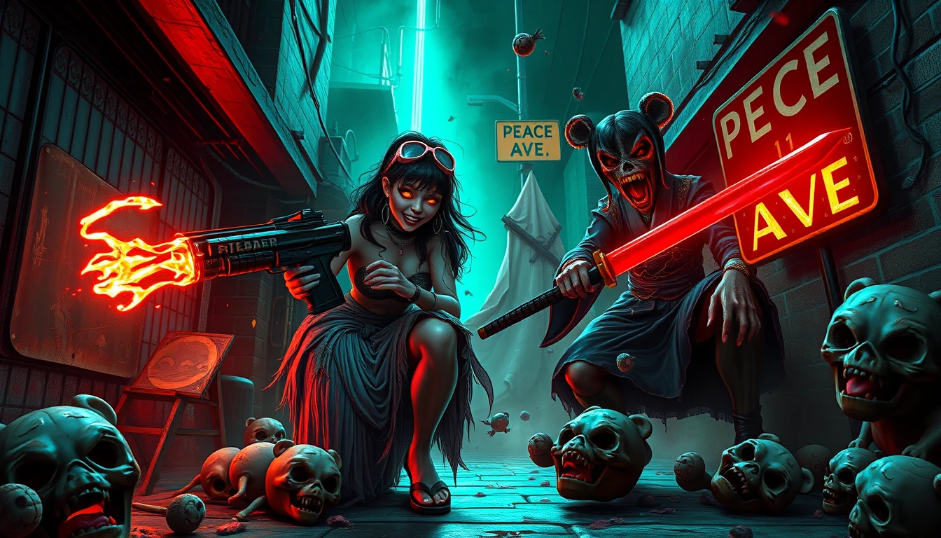 Surreal alley showdown with two darkly playful women