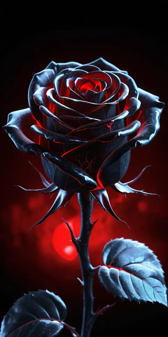 Glowing Black Rose With Red Light On Dark Background