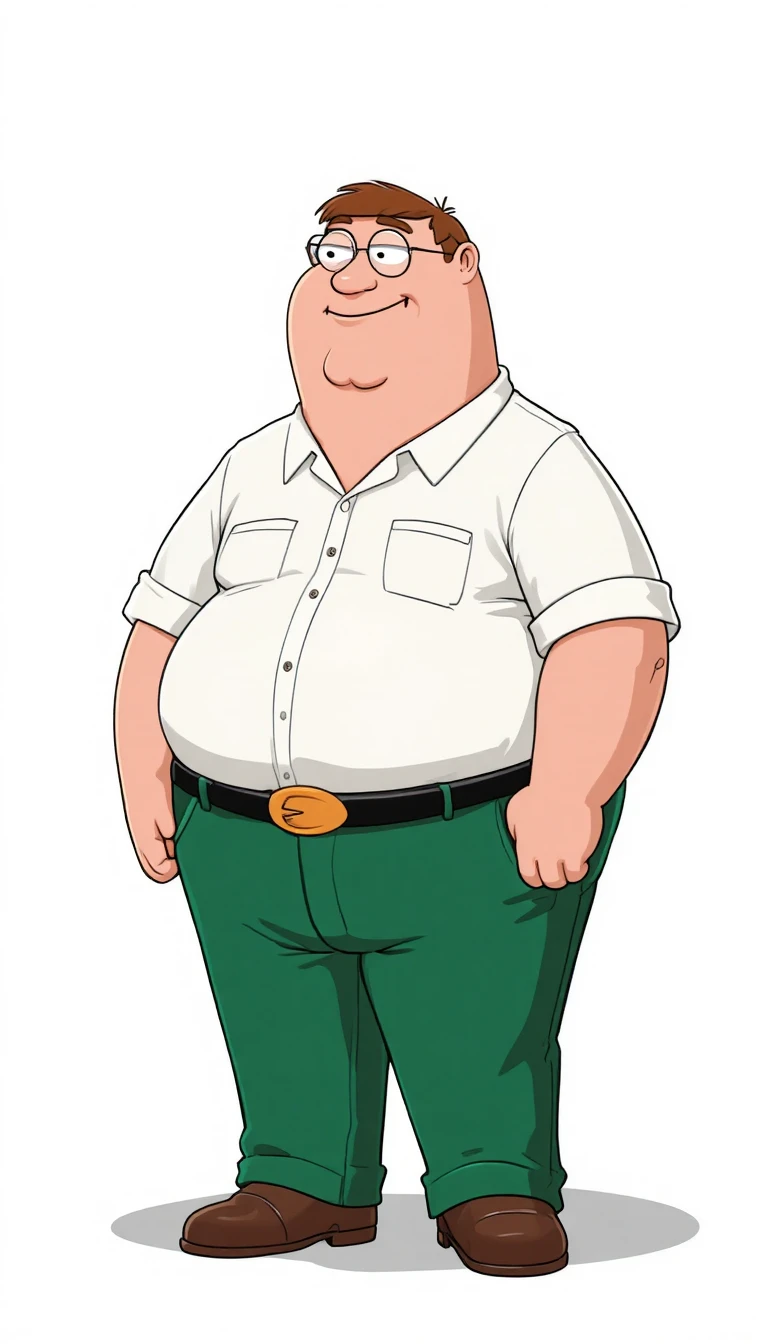 Cartoon man in white shirt and green pants standing confidently
