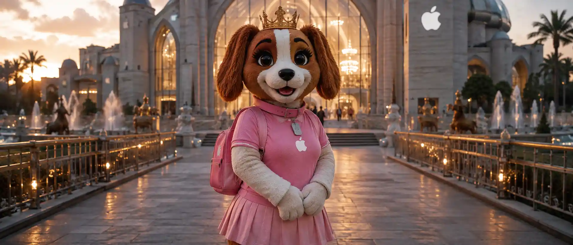 Mascote de cachorro princesa usando coroa em um parque da cidade