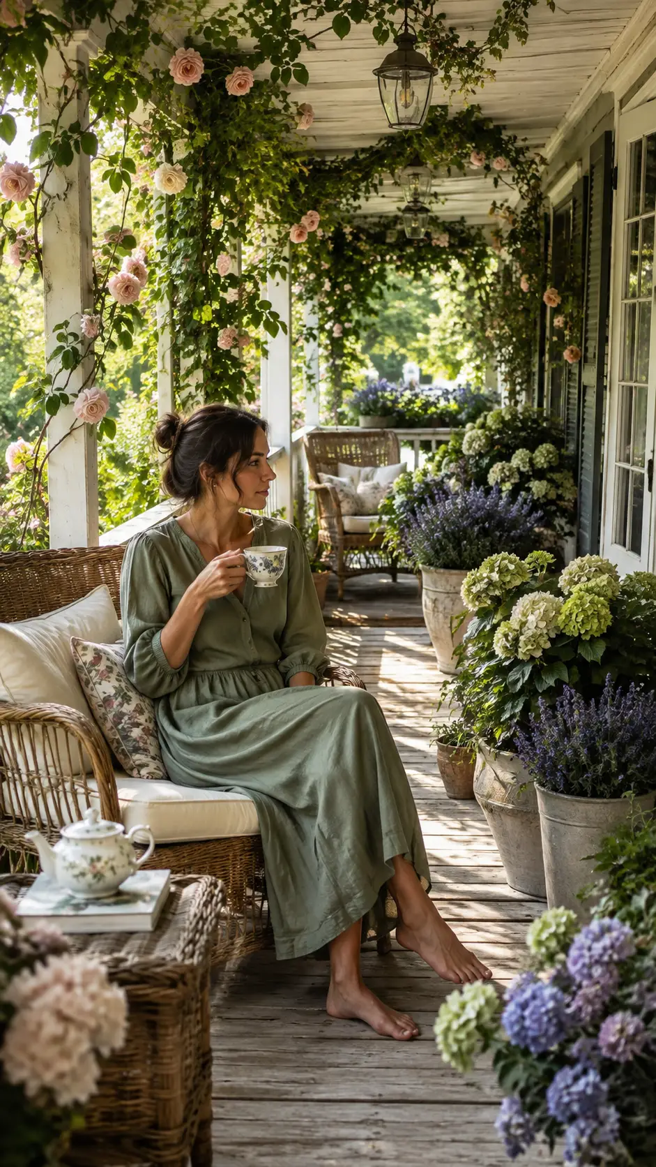 Woman drinking tea on a floral wraparound veranda