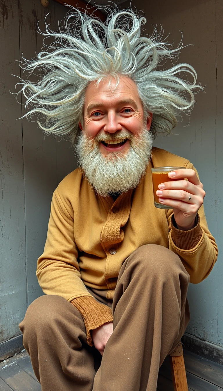 Vieil homme excentrique souriant sur un tabouret en bois rustique