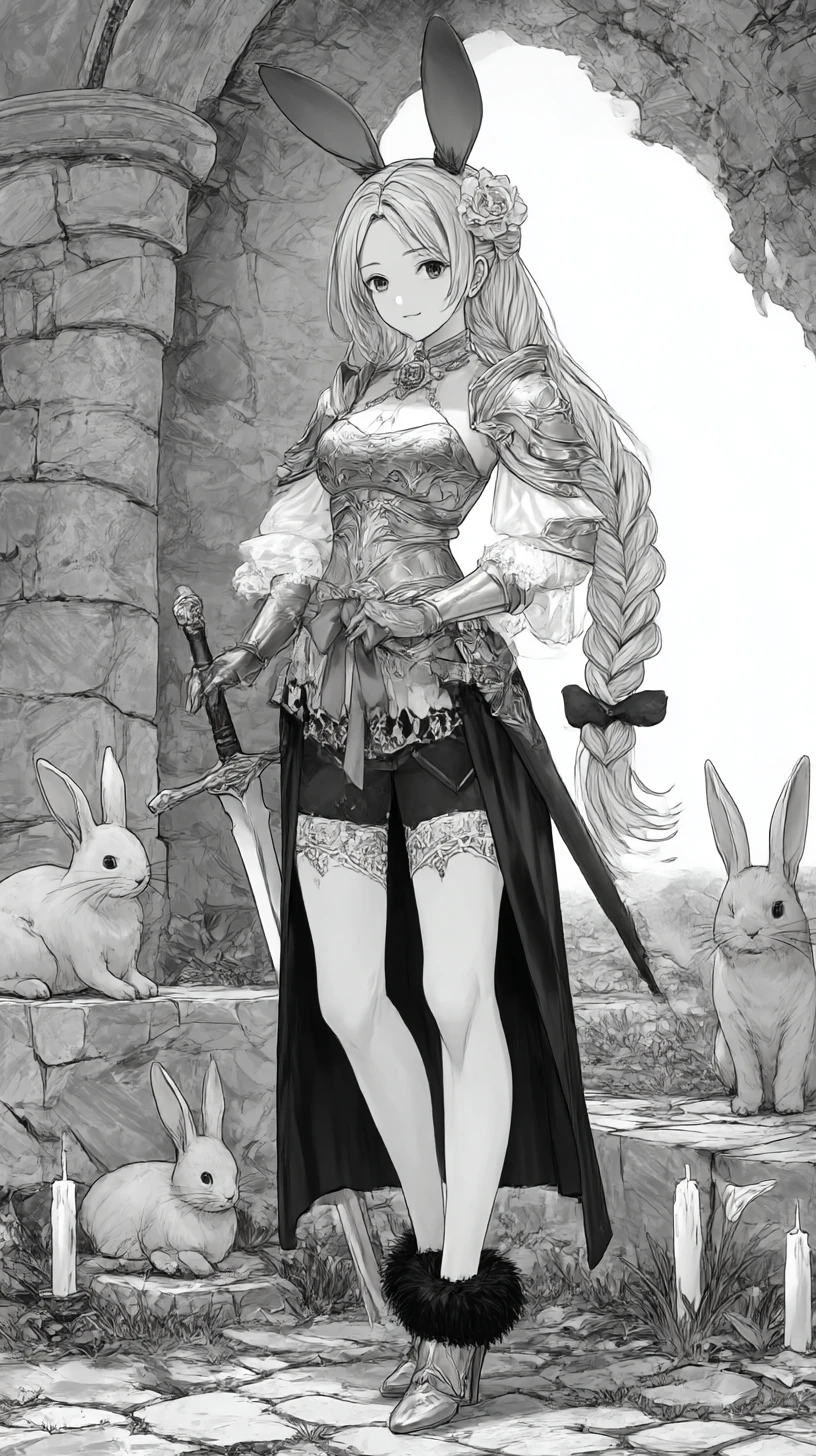 Garota de anime loira em armadura de fantasia ornamentada