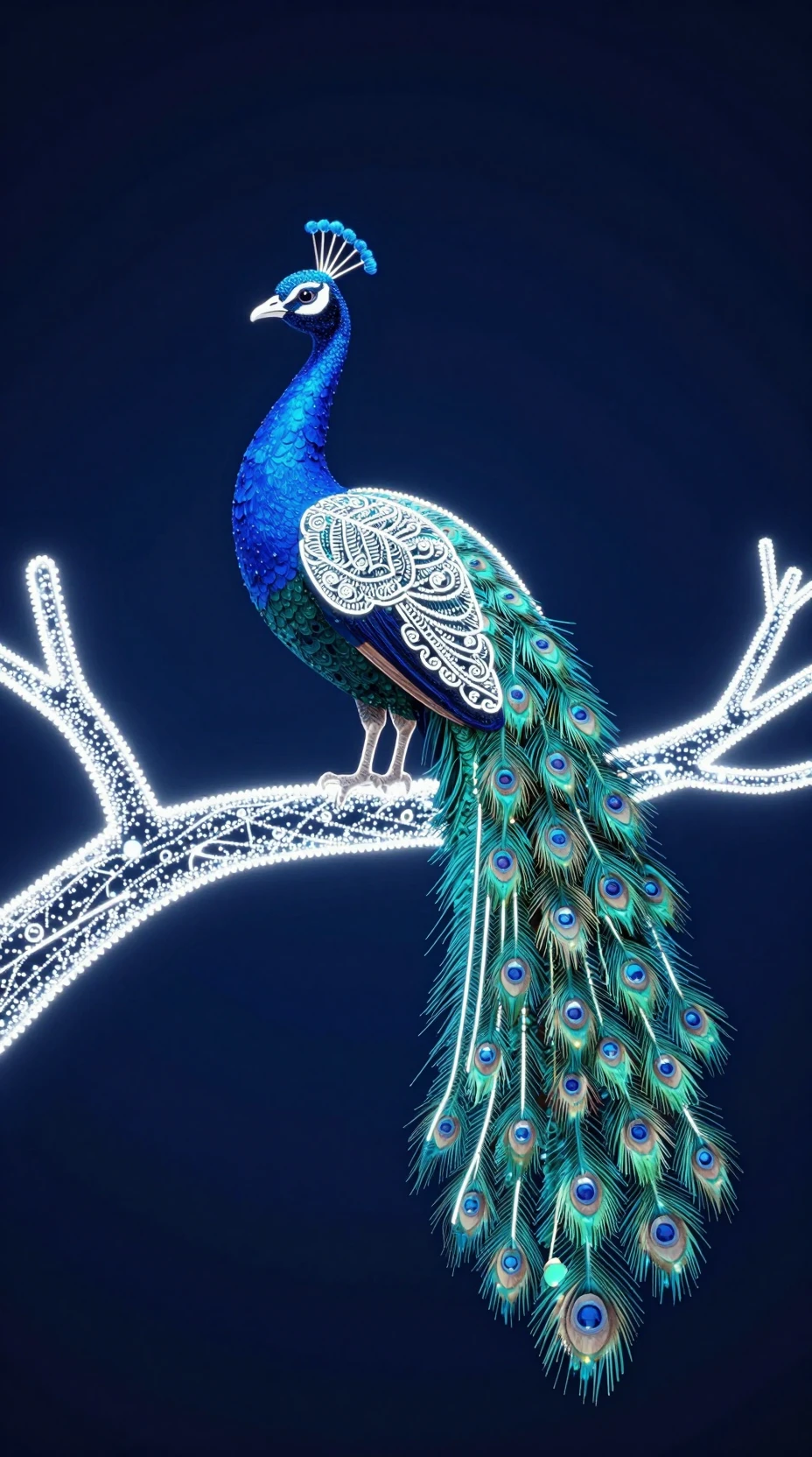 Perfil de pavão 3D brilhando em galho de luz abstrato