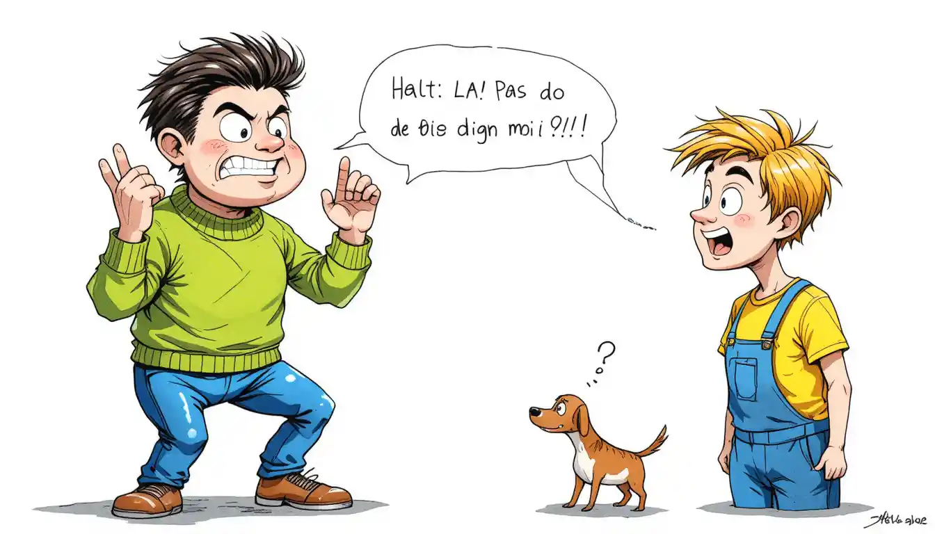 Cartoon boys arguing with no dogs allowed speech bubble