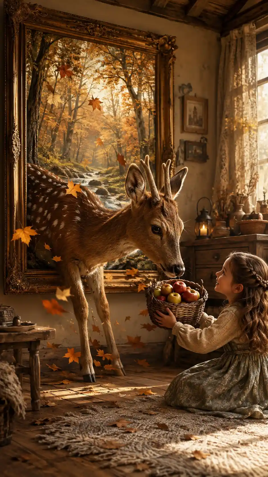 Jeune daim sortant d’une peinture de forêt pour entrer dans un cottage