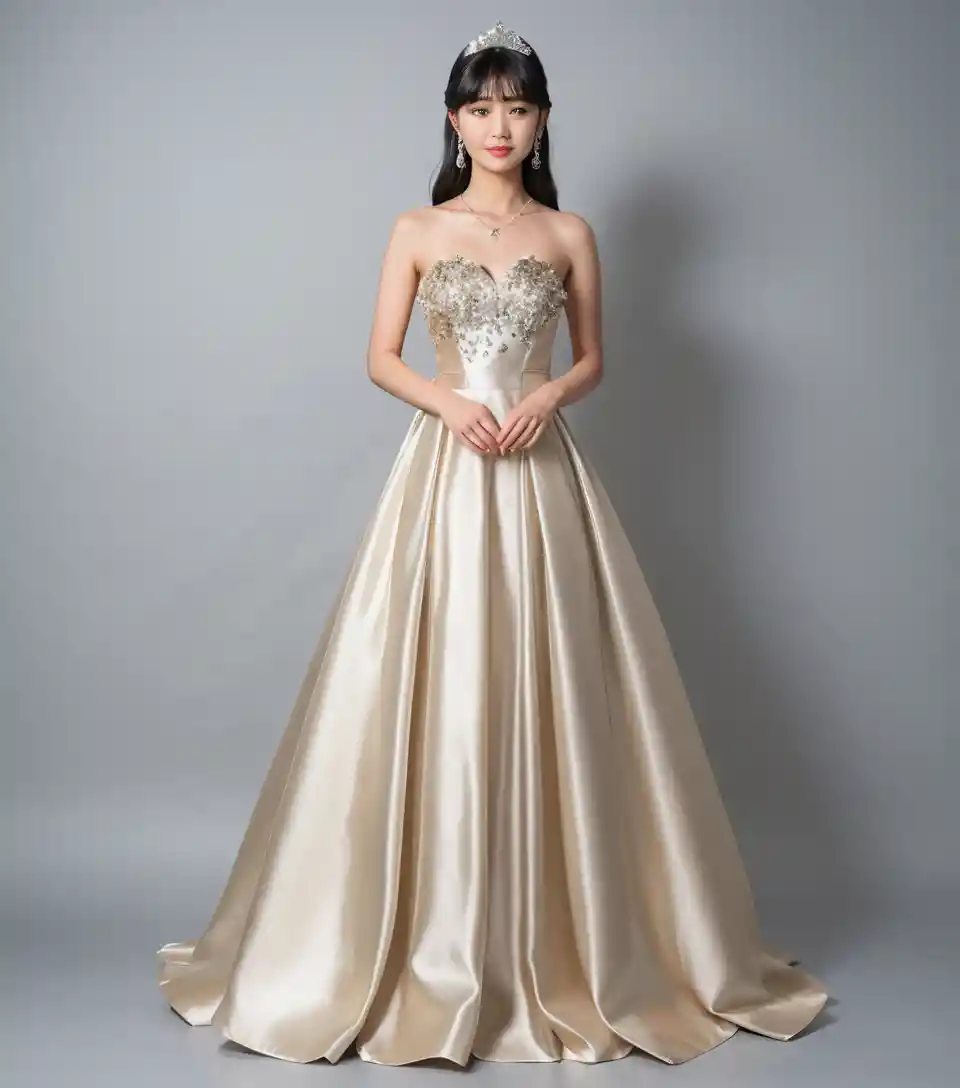Jovem mulher elegante com vestido de baile em cetim dourado claro