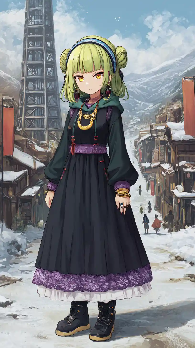 Rua de cidade em estilo anime com torre de aço e igreja da aldeia