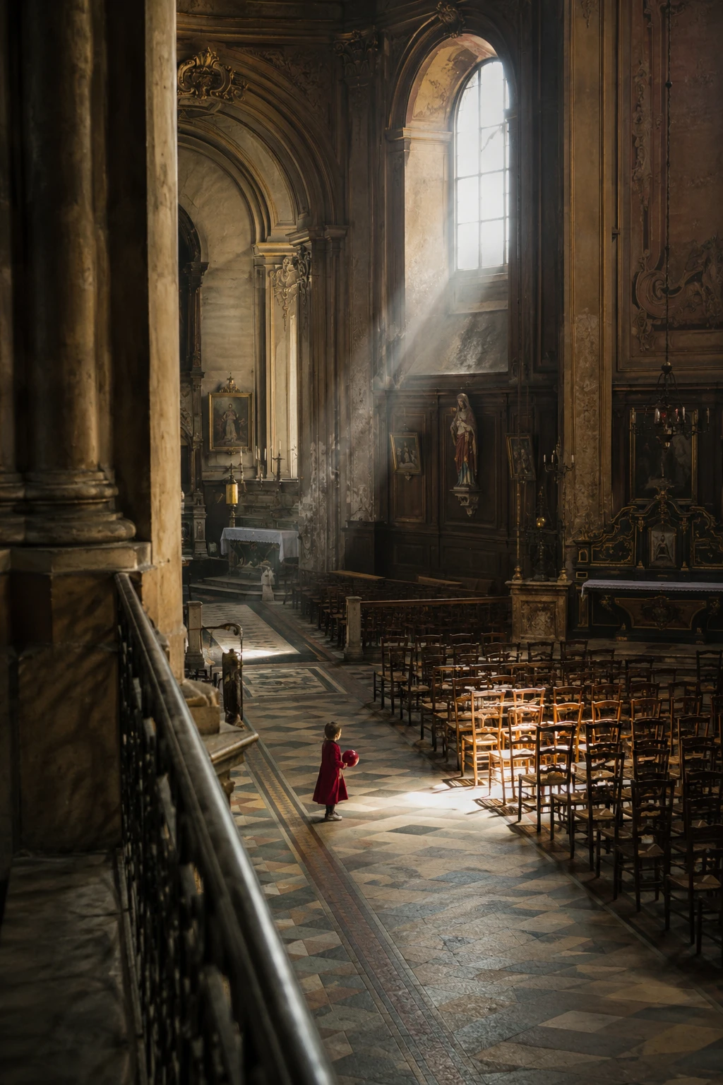 Menina de casaco vermelho em pé em igreja banhada de sol
