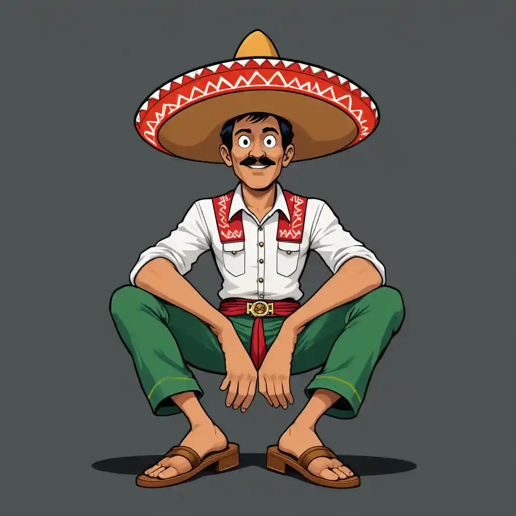 Cartoonfigur in mexikanischem Outfit sitzt in entspannter Pose
