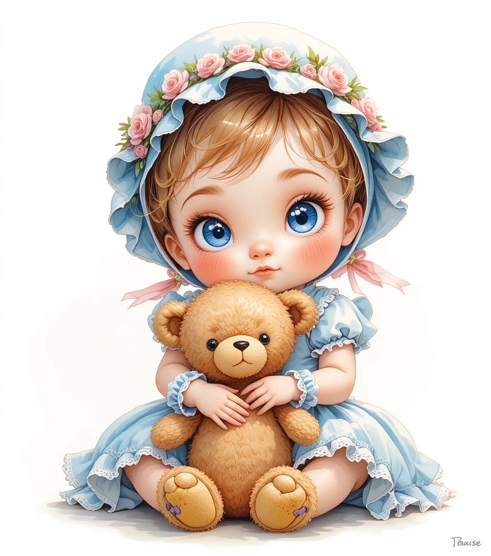 Baby-Mädchen mit blauem Häubchen kuschelt braunen Teddybären