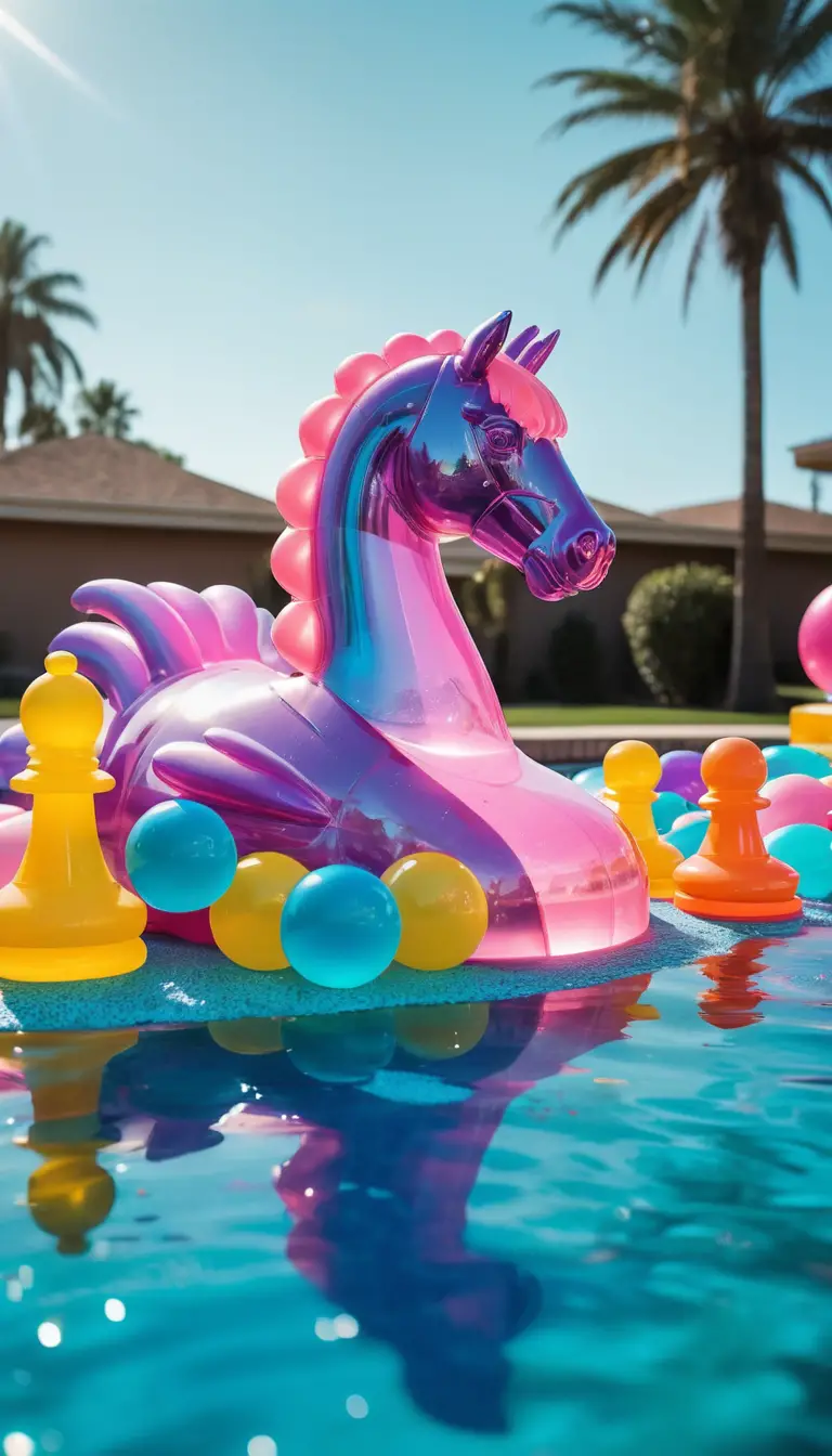Colorful jelly chess set floating in a summer pool