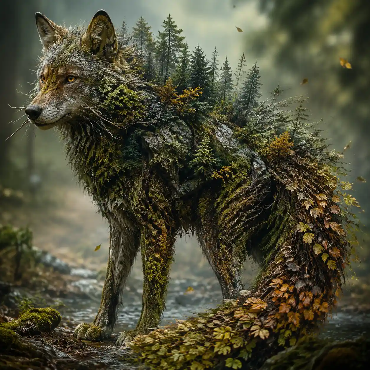 Lobo surreal fundindo-se perfeitamente em uma floresta sem fim