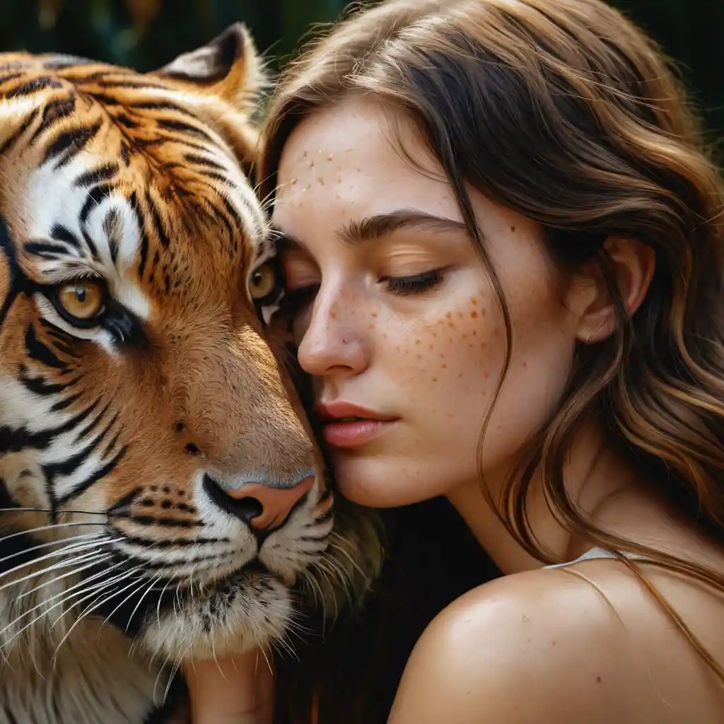Young woman in close embrace with a majestic tiger