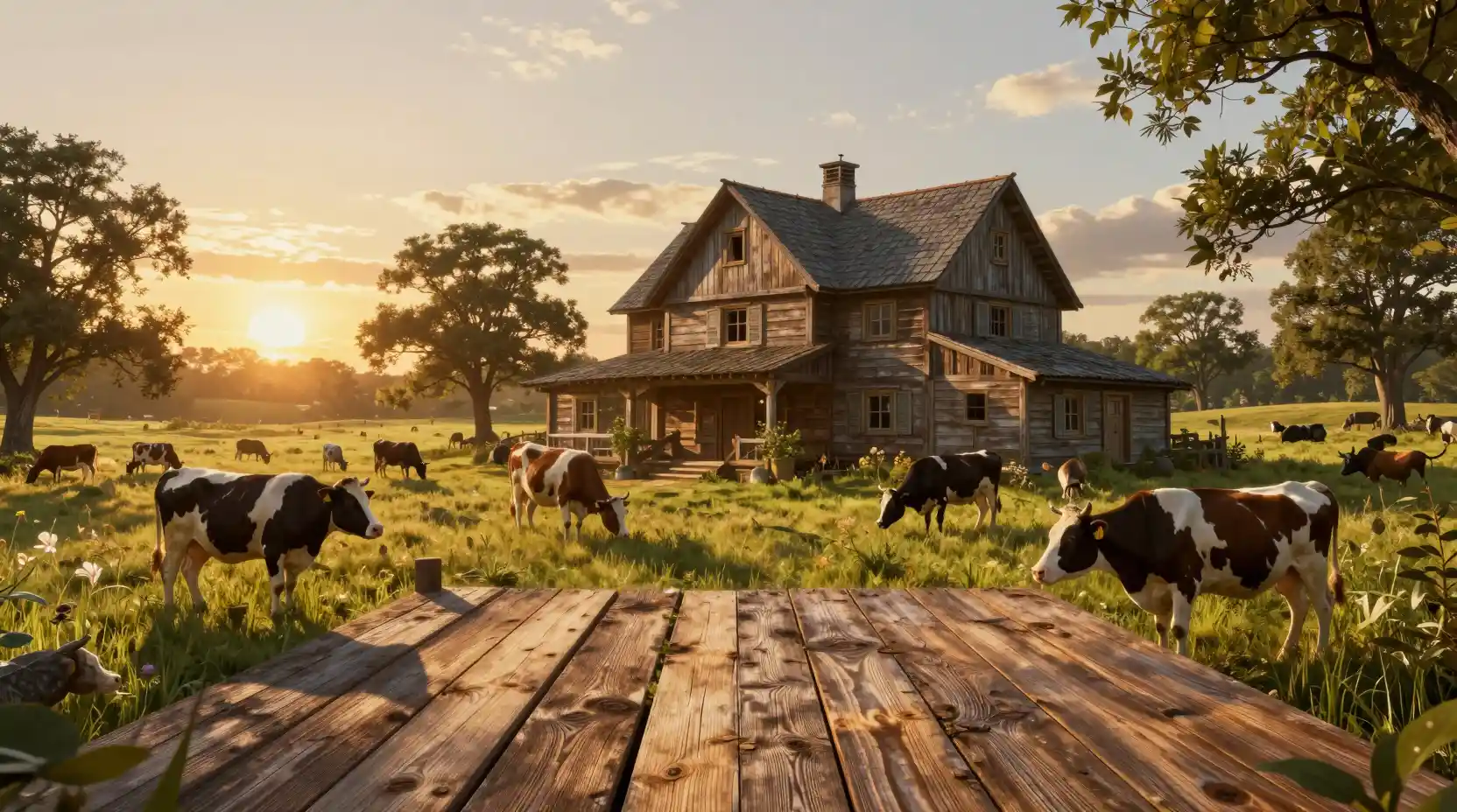 Fazenda surreal ao pôr do sol com animais em campo dourado de verão