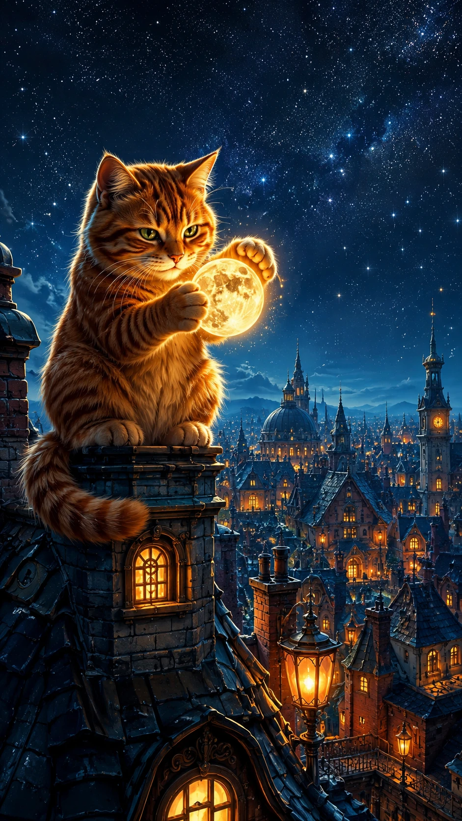 Verspielte orangefarbene Katze balanciert einen winzigen leuchtenden Mond