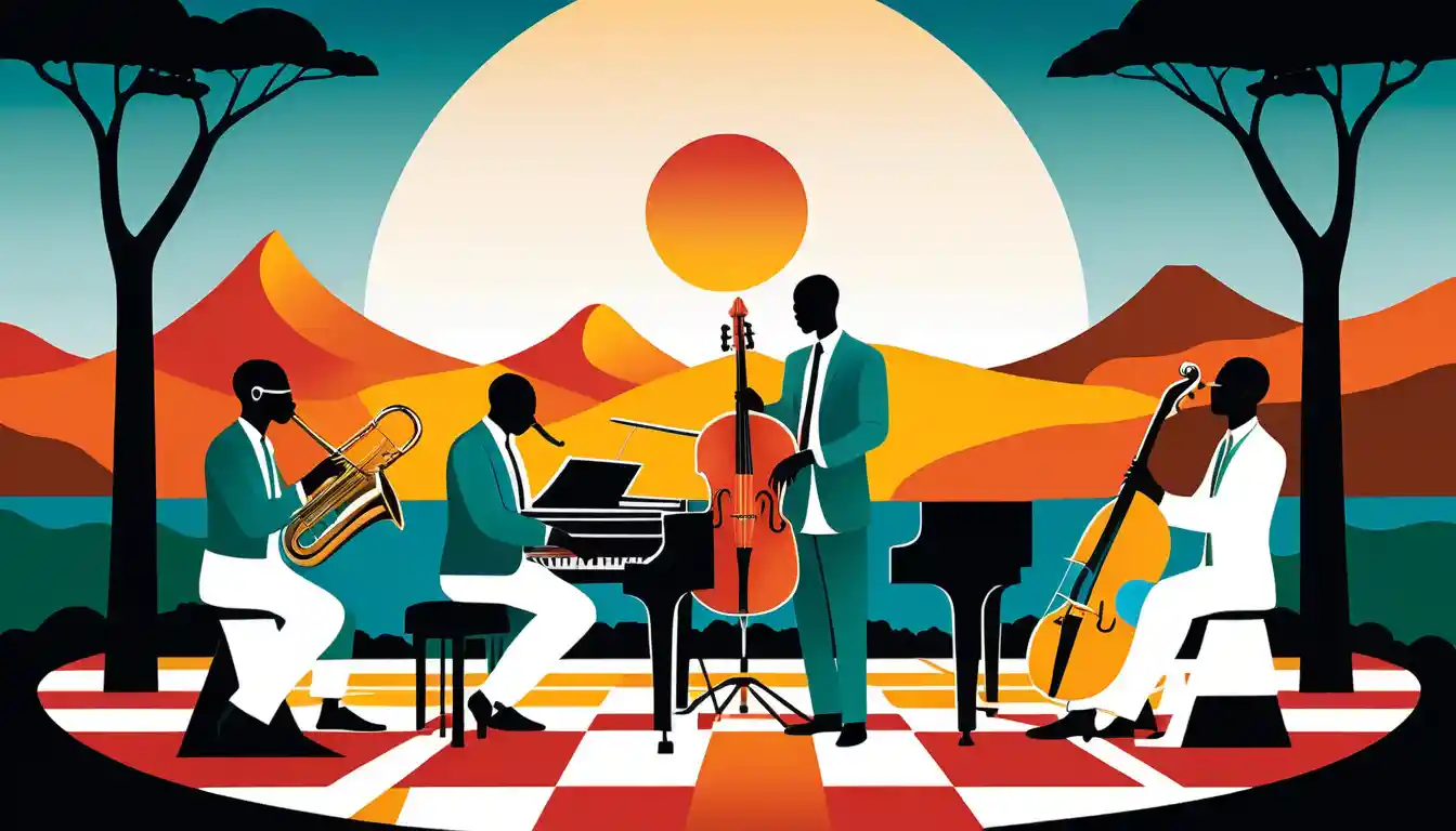 Surreal jazz quartet in sunlit geometric landscape
