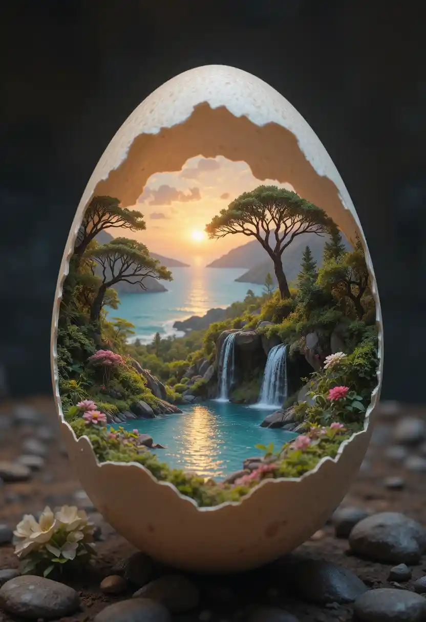 Broken eggshell opening onto a tiny fantasy landscape