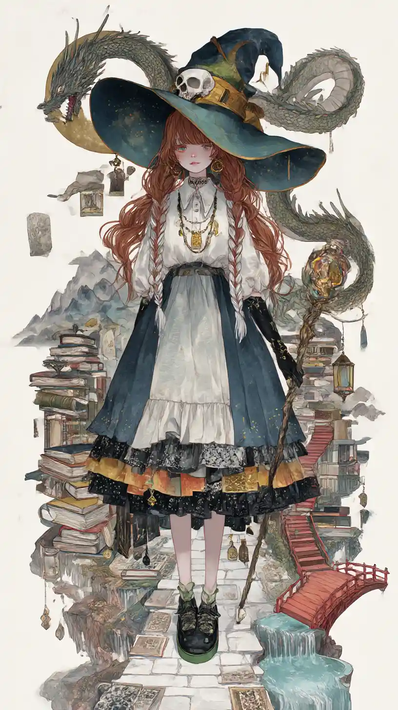 Anime-Hexenmädchen mit Totenkopf-Halskette und Rüschenrock