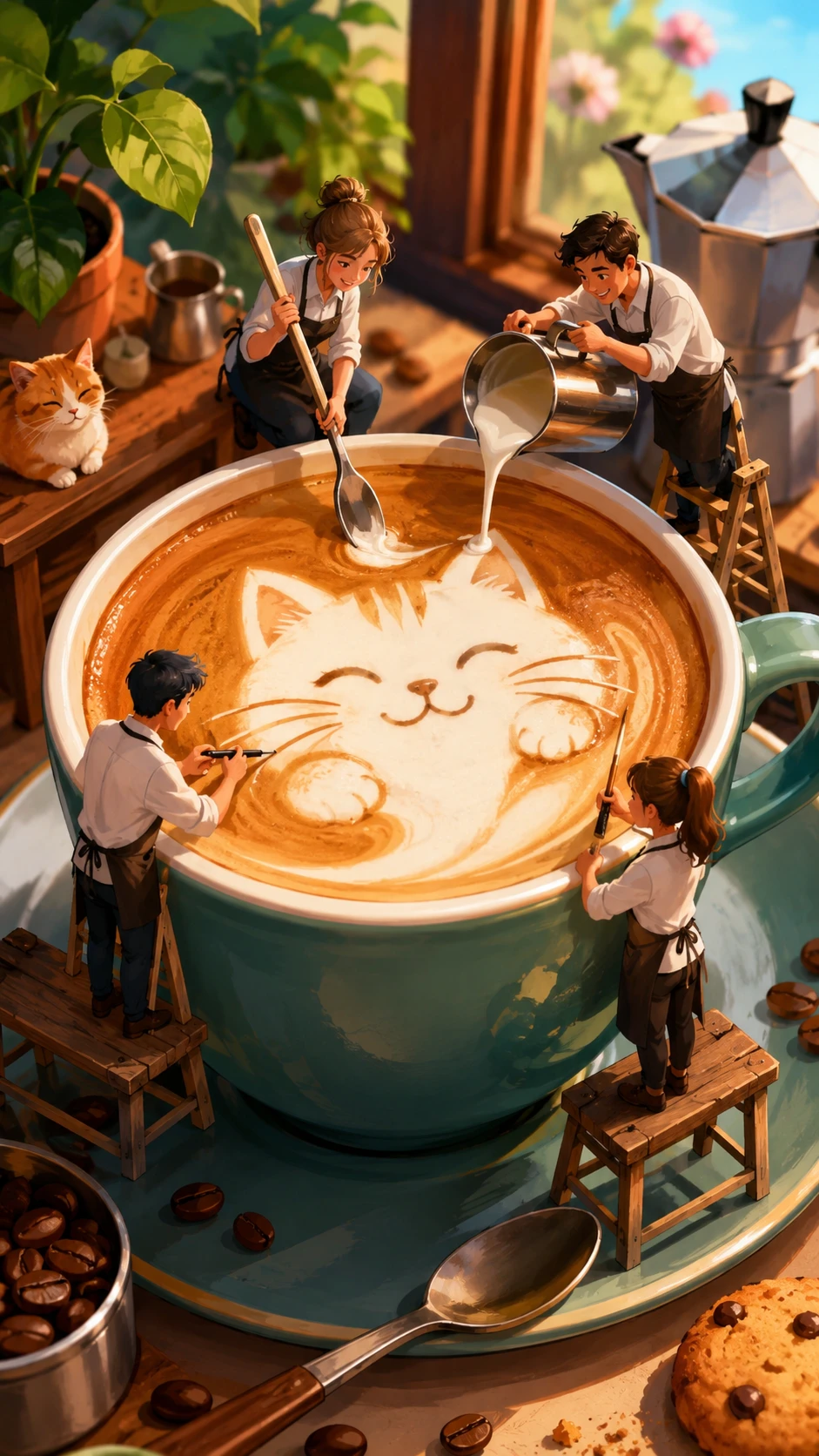 Fröhliche digitale Illustration eines bunten Latte-Art-Kaffees