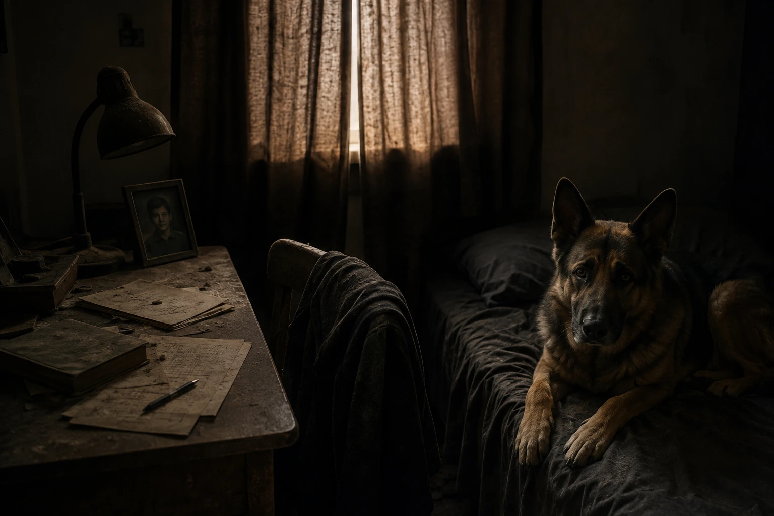 Deutscher Schäferhund auf einem staubigen Bett in einem dunklen Schlafzimmer