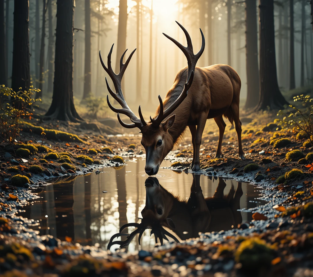 Cervo bebendo em uma poça refletiva na floresta ao amanhecer
