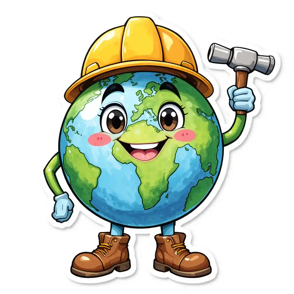 Cheerful cartoon Earth mascot with hard hat and hammer