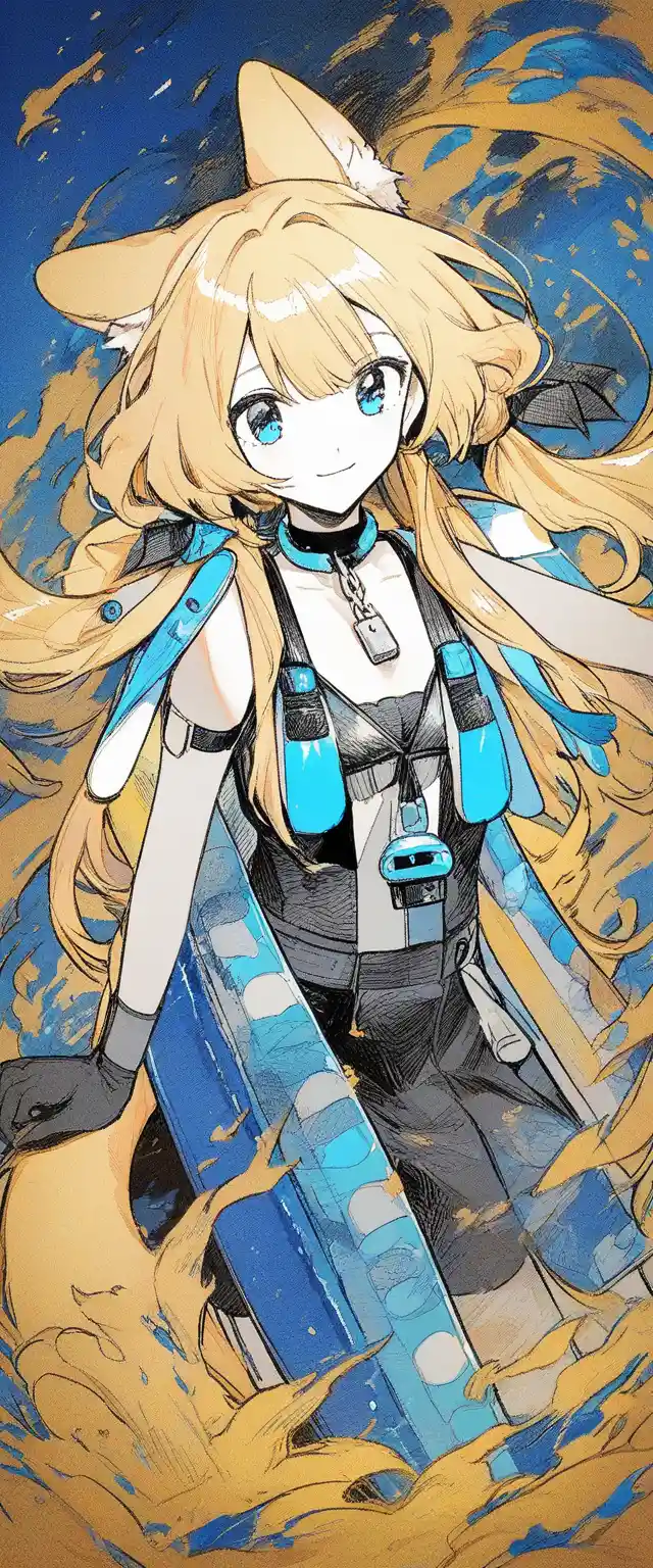 Smiling anime girl with fluffy animal ears and fish tail