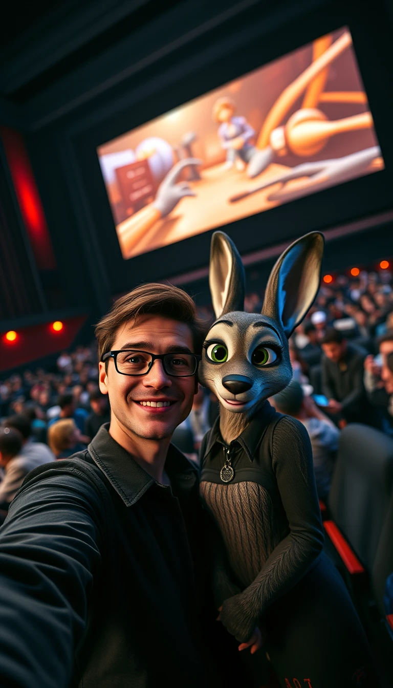 Mujer haciéndose selfie con personaje conejo en un cine oscuro