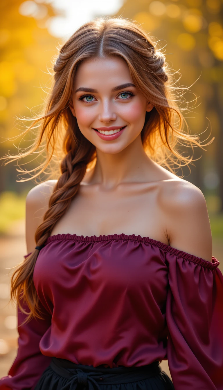 Femme souriante en haut en soie couleur bordeaux dans une forêt d’automne