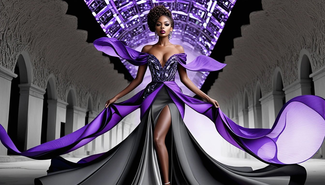 Ilustração surreal de uma elegante mulher afro-americana em um vestido