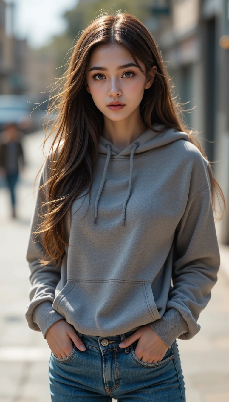 Teen girl in hoodie with a rebellious daytime gaze