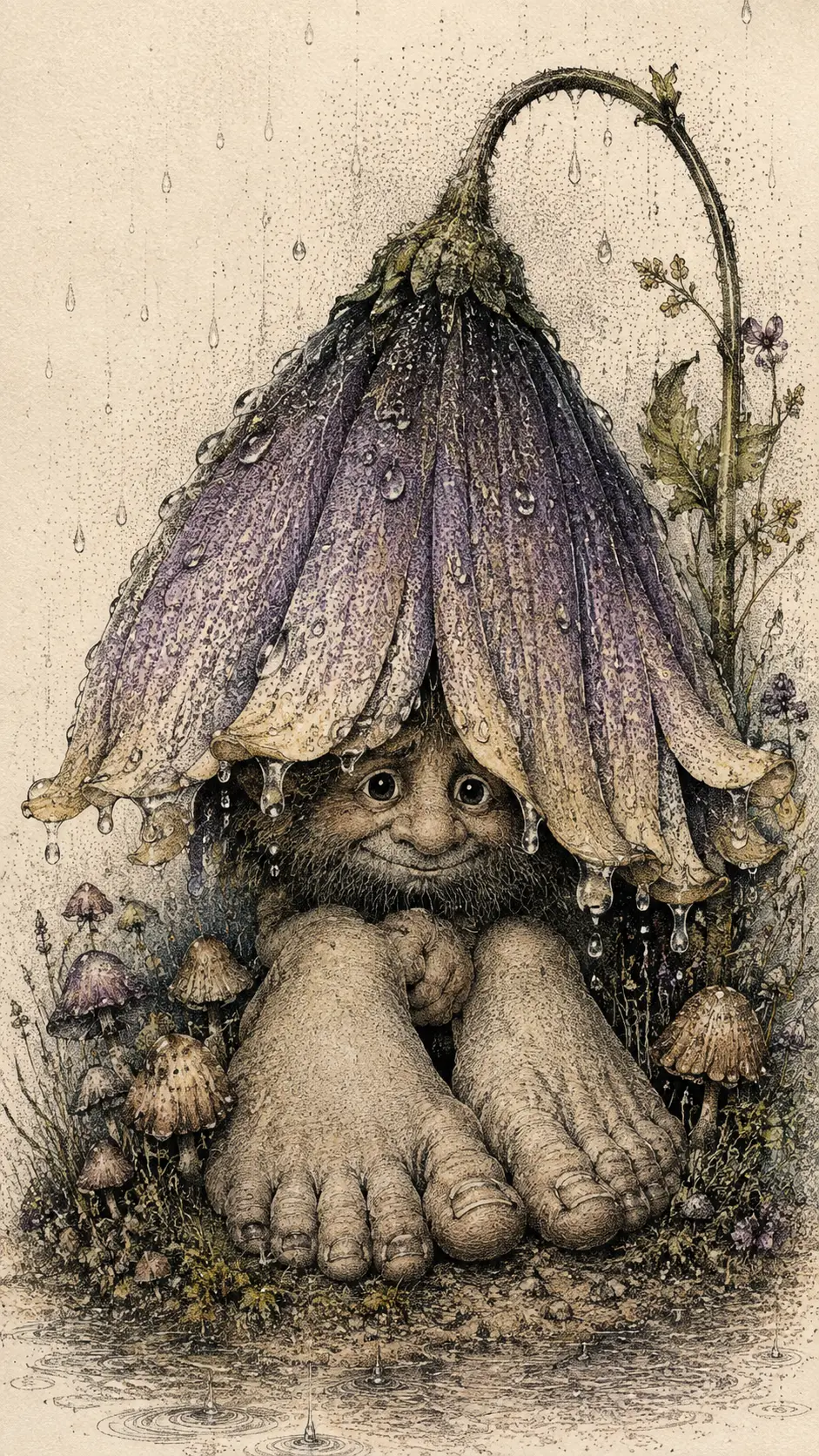 Tiny Troll Sheltering Under A Hanging Flower In Rain
