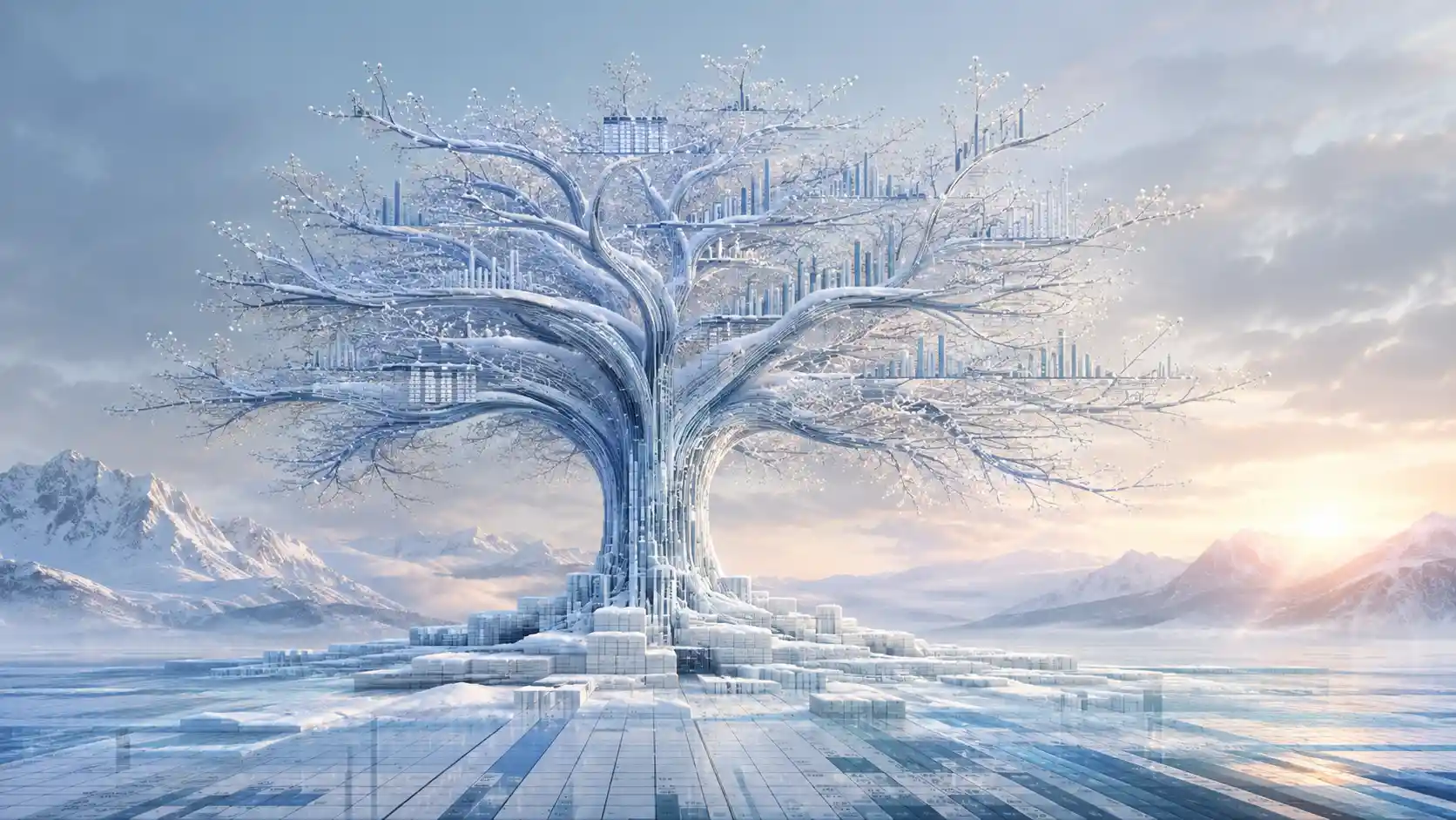 Arbre de données enneigé dans un paisible paysage de montagne hivernale