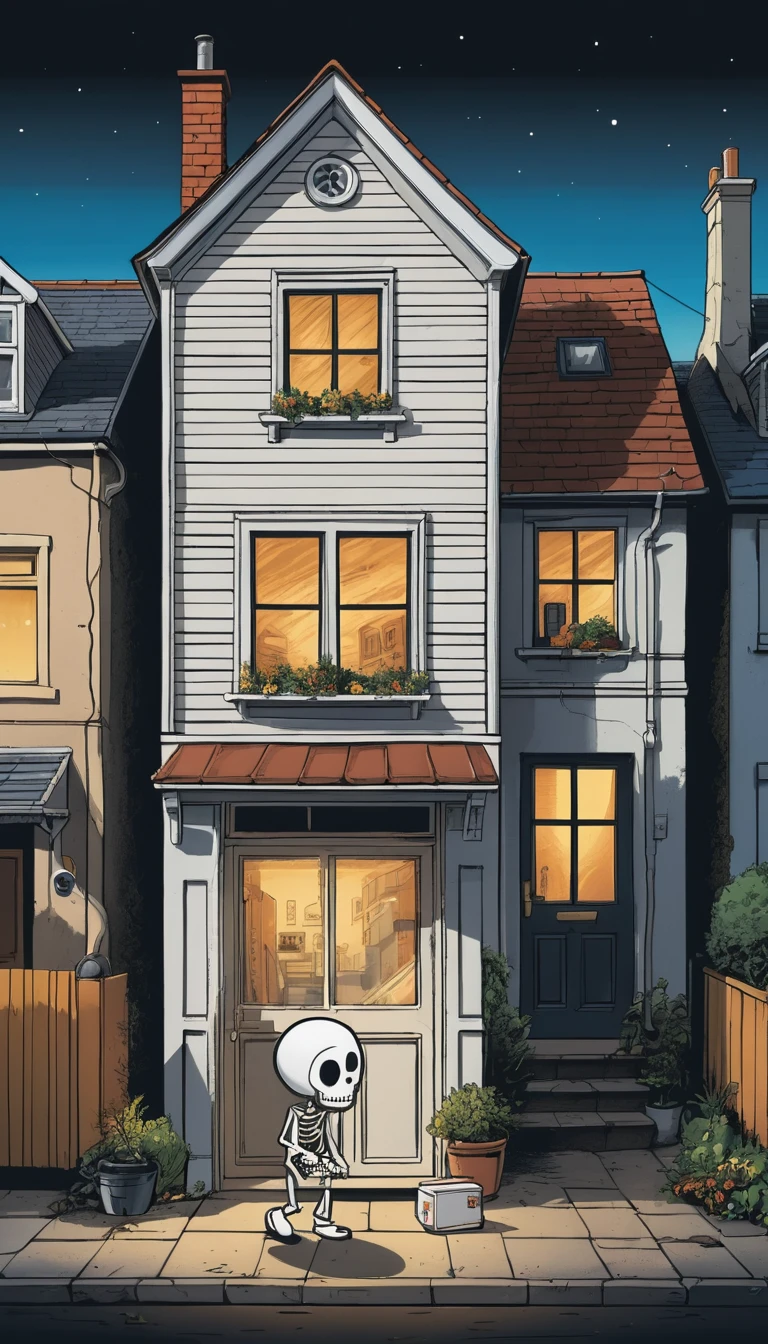 Fourgonnette façon BD garée devant un cottage dans une rue ensoleillée