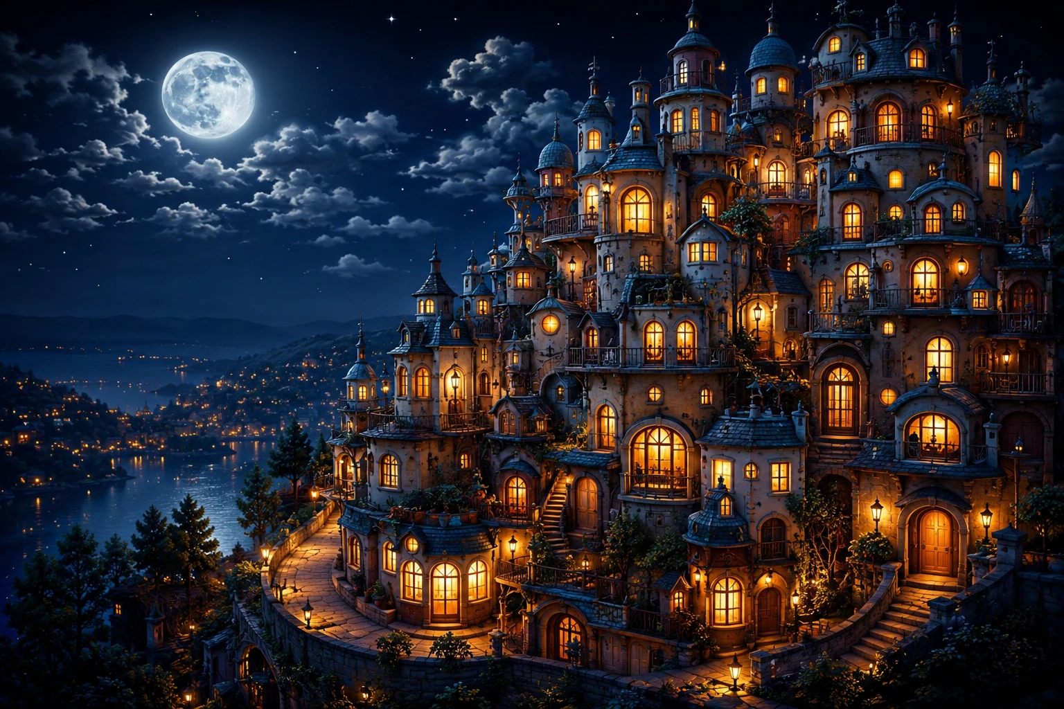 Verspielte Apartments, die unter einem hellen Vollmondhimmel leuchten